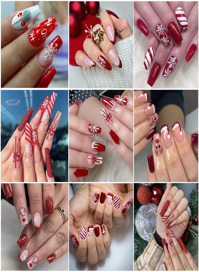 BSBTBZ Christmas French Nail Art Stickers with Christmas Hat Snowflake Gift Bow English Design Xmas Nail Sticker 3D Adhesive Snow Elk Red French Glitter Nail Tip Christmas Winter Holiday Nail Decor for Women - Image 2
